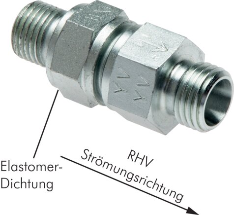 Exemplary representation: Check valve without nut & cutting ring (flow from thread to tube, galvanised steel)